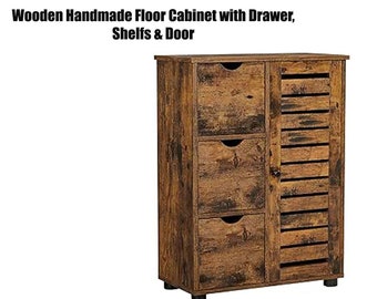 Wooden Handmade Bathroom Floor Cabinet- 3 Drawers, Adjustable Shelves, Single door Wooden Storage - Brown Storage Unit