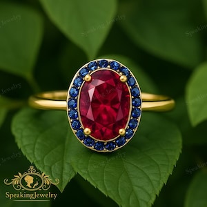 Może przedstawiać: Złoty pierścionek z dużym, owalnym, ciemnoczerwonym kamieniem otoczonym małymi, niebieskimi kamieniami. Pierścionek jest umieszczony na tle zielonych liści, podkreślając kontrast kolorów. Speaking Jewelry.