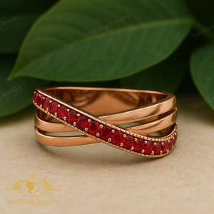 Double Ruby Infinity Ring | Rose Gold Crossover Band | July Birthstone Gift | Sterling Silver Pavé Promise Ring | Red Gemstone Jewelry