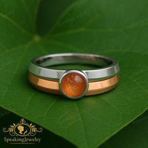 Sunstone Engagement Ring, Two-Tone Silver Rose Gold Ring, Orange Cabochon Bezel Ring, Modern Promise Ring, Anniversary Gift for Her