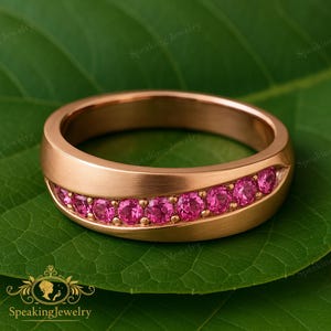 Pink Sapphire Eternity Ring, Rose Gold Plated Channel Wedding Band, Half Eternity Stacking Ring, September Birthstone Gift for Her