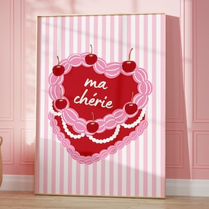 Cherry Poster, Ma Cherie Print, Digital Download, Cherry Heart Cake, Trendy Wall Art, Girly Pink Red Preppy Aesthetic, Coquette Room Decor