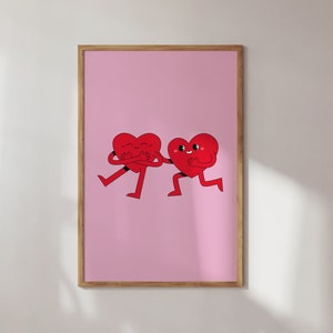 Impresión de corazones retro lindos, póster del día de San Valentín, descarga digital, arte de pared de moda, póster de amor, decoración de pared retro, decoración estética de dormitorio