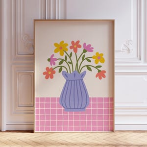 Bloemenvaasprint, digitale download, trendy muurkunst, handgetekende geruite bloemen boeketposter, preppy maximalist decor, dopaminekleuren