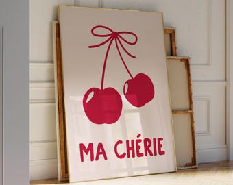 Ma Chérie Print, Digital Download, Cherry Bow Poster, Trendy Wall Art, Coquette Room Decor