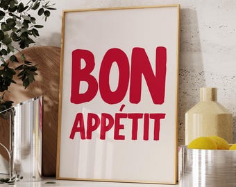 Lámina Bon Appétit, descarga digital, decoración moderna para cocina, arte mural de moda, póster con cita francesa