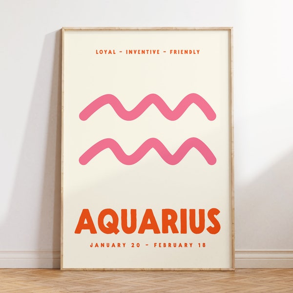 Aquarius Print, Zodiac Poster, Digital Download Print, Trendy Wall Art, Star Sign Print, Preppy Wall Decor, Pink and Orange, Printable Art