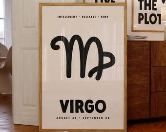 Impresión del zodiaco Virgo, descarga digital, póster del signo astrológico, regalos del signo Virgo, arte mural del horóscopo, arte imprimible de moda