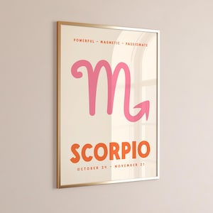 Scorpio Print, Digital Download, Zodiac Poster, Trendy Wall Art, Star Sign Print, Preppy Wall Decor, Pink and Orange, Printable Art image 1