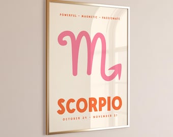 Scorpio Print, Digital Download, Zodiac Poster, Trendy Wall Art, Star Sign Print, Preppy Wall Decor, Pink and Orange, Printable Art