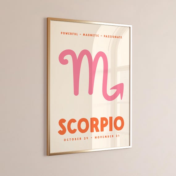 Scorpio Print, Digital Download, Zodiac Poster, Trendy Wall Art, Star Sign Print, Preppy Wall Decor, Pink and Orange, Printable Art