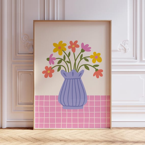 Flower Vase Print, Digital Download, Trendy Wall Art, Hand Drawn Checkered Flowers Bouquet Poster, Preppy Maximalist Decor, Dopamine Colors