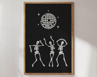 Descarga digital de esqueletos danzantes, impresión de bola de discoteca, arte mural divertido de Halloween