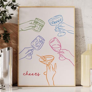 Proost print, digitale download, trendy muurkunst, funky barwagen poster, keukendecor, kleurrijke cocktails, glazen drankjes kunst, cin cin print