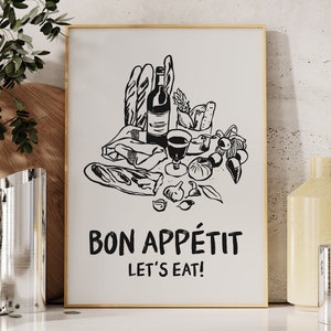 Bon Appetit Print, Digital Download, Kitchen Poster, Modern Kitchen Wall Art, Aesthetic Kitchen Decor, Hand Drawn Food and Wine Poster
