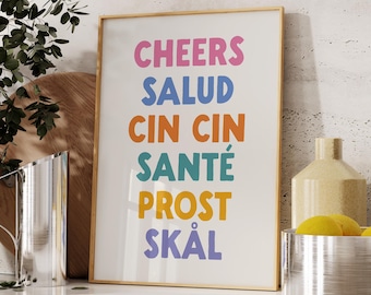 Cheers Print, Digital Download, Trendy Wall Art, Bar Cart Poster, Kitchen Decor, Printable Art, Cin Cin Print, Colorful Typography Poster