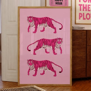 Impression tigres roses, téléchargement numérique, art mural tendance, rose BCBG esthétique, décoration murale girly, art mural rose, affiche mignonne, décoration de chambre preppy
