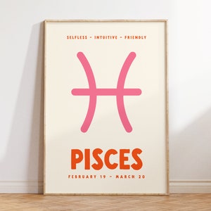 Wydruk Ryby, plakat zodiakalny, wydruk do pobrania cyfrowego, modna sztuka ścienna, wydruk znaku zodiaku, dekoracja ścienna Preppy, różowy i pomarańczowy, sztuka do druku
