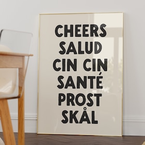 Cheers print, digitale downloadprint, trendy muurkunst, barwagenposter, keukendecor, afdrukbare kunst, Cin Cin-print, zwart-witposter