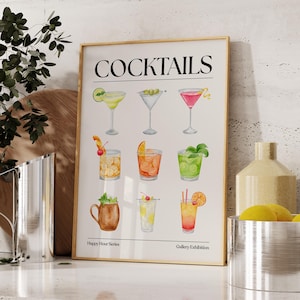 Stampa di cocktail, poster per carrello bar, download digitale, arte murale alla moda, poster di cocktail, arte murale di bevande, poster di bicchieri da cocktail, decorazione da cucina