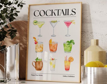 Lámina de cócteles, descarga digital, póster para carrito de bar, arte mural moderno, decoración de cocina