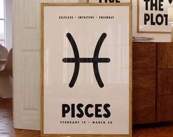 Pisces Zodiac Print, Digital Download, Astrology Star Sign Poster, Pisces Zodiac Star Sign Gifts, Horoscope Wall Art, Trendy Printable Art