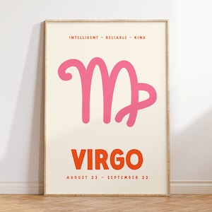 Virgo Print, Zodiac Poster, Digital Download Print, Trendy Wall Art, Star Sign Print, Preppy Wall Decor, Pink and Orange, Printable Art