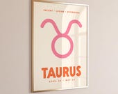 Taurus Print, Digital Download, Zodiac Poster, Trendy Wall Art, Star Sign Print, Preppy Wall Decor, Pink and Orange, Printable Art