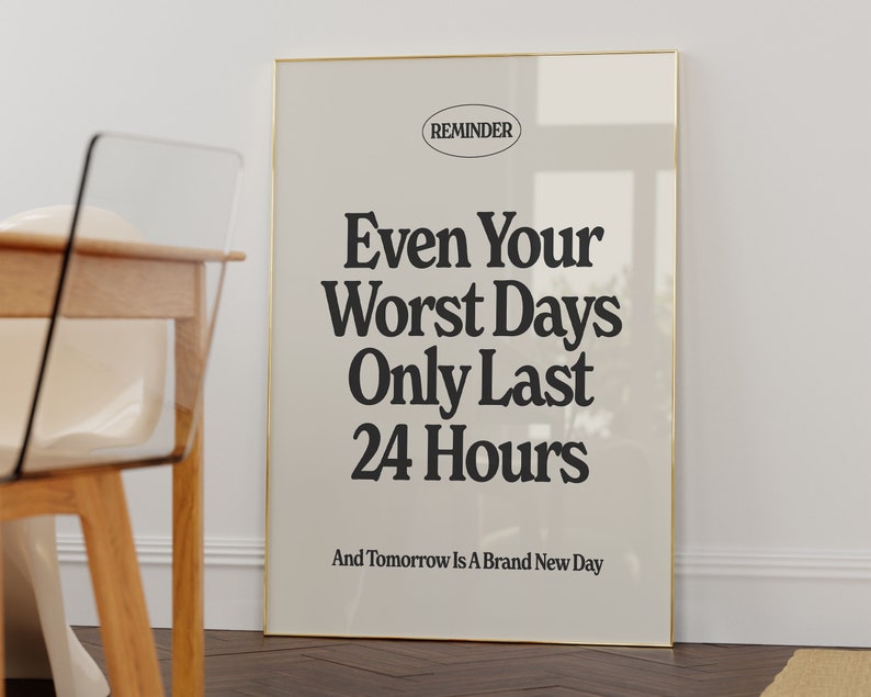 A trendy digital download wall art print featuring a black and beige typography design with a positive quote.