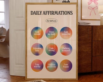 Daily Affirmations Print, Digital Download, Trendy Wall Art, Positive Affirmations Poster, Retro Room Decor