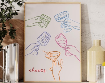 Lámina con la frase "¡Salud!", descarga digital, arte mural de moda, póster original para carrito de bar, vasos de cóctel.