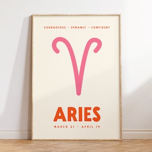 Aries Print, Zodiac Poster, Digital Download Print, Trendy Wall Art, Star Sign Print, Preppy Wall Decor, Pink and Orange, Printable Art