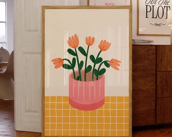Flower Vase Print, Digital Download, Trendy Wall Art, Hand Drawn Checkered Flowers Tulips, Pink Orange Maximalist Decor Dopamine Poster