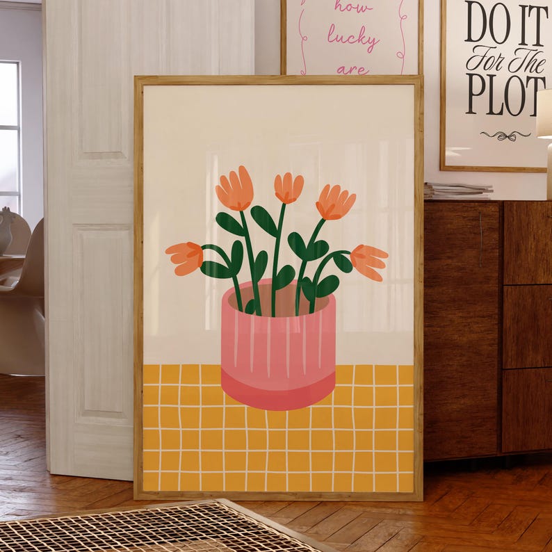 Flower Vase Print, Digital Download, Trendy Wall Art, Hand Drawn Checkered Flowers Tulips, Pink Orange Maximalist Decor Dopamine Poster image 1