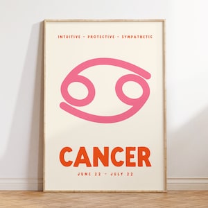 Cancer Print, Zodiac Poster, Digital Download Print, Trendy Wall Art, Star Sign Print, Preppy Wall Decor, Pink and Orange, Printable Art