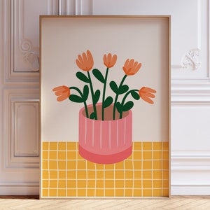 May include: A digital illustration of a potted plant with orange flowers and green leaves on a yellow tiled background.