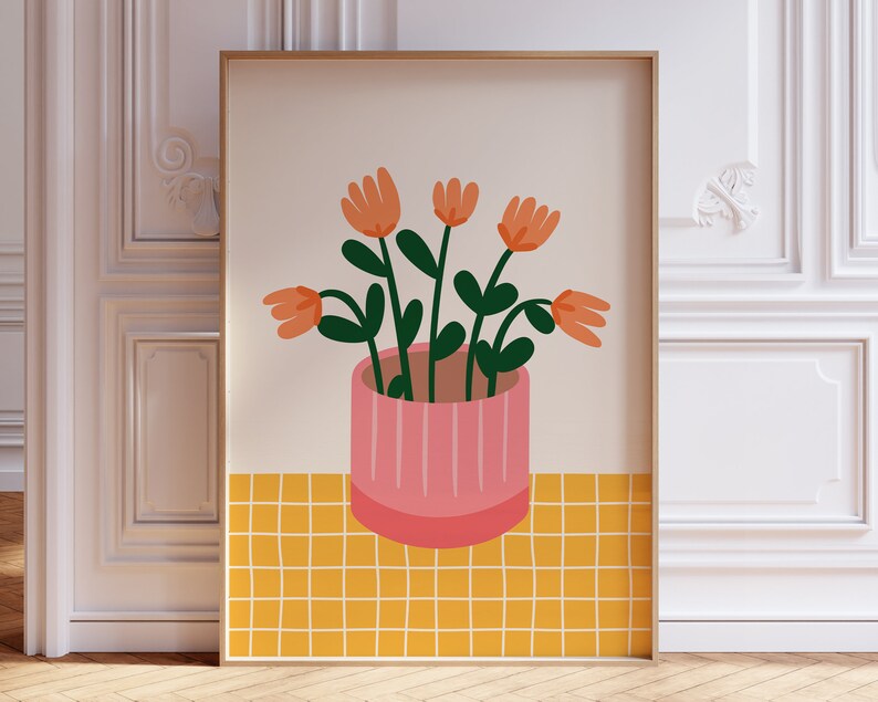 May include: A digital illustration of a potted plant with orange flowers and green leaves on a yellow tiled background.