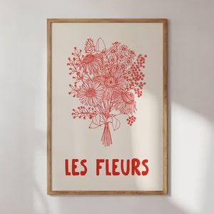 Póster de Les Fleurs, impresión botánica, descarga digital, impresión de flores dibujadas a mano, póster floral retro, impresión de mercado de flores, arte mural con flores