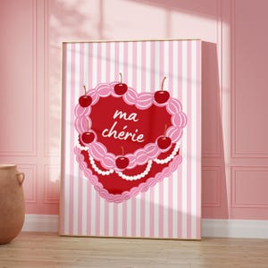 Cherry Poster, Ma Cherie Print, Digital Download, Cherry Heart Cake, Trendy Wall Art, Girly Pink Red Preppy Aesthetic, Coquette Room Decor