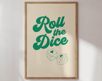 Roll the Dice Print, Digital Download, Green Retro Poster, Trendy Wall Art