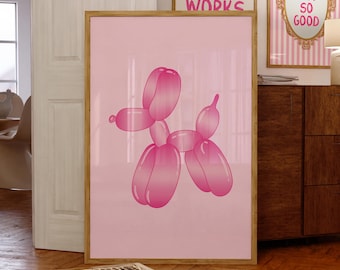 Pink Balloon Dog Print, Digital Download, Trendy Wall Art, Preppy Pink Aesthetic Girly Wall Art, Cute Dorm Room Decor, College Apartment Art