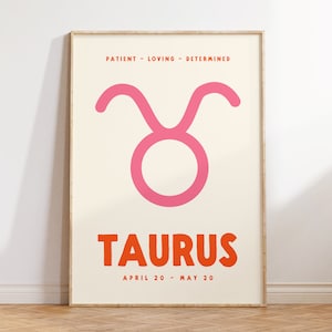 Impresión de Tauro, póster del zodiaco, impresión digital, arte de pared moderno, impresión del signo zodiacal, decoración de pared preppy, rosa y naranja, arte imprimible
