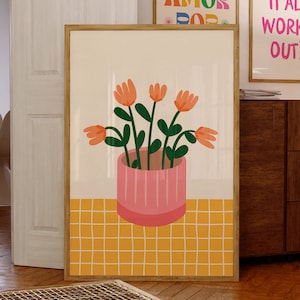 Impresión de jarrón de flores, descarga digital, arte mural moderno, tulipanes con cuadros dibujados a mano, decoración maximalista rosa y naranja, póster de dopamina