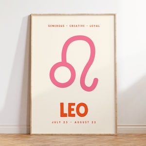 Leo Print, Zodiac Poster, Digital Download Print, Trendy Wall Art, Star Sign Print, Preppy Wall Decor, Pink and Orange, Printable Art