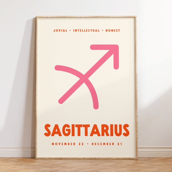 Sagittarius Print, Zodiac Poster, Digital Download, Trendy Wall Art, Star Sign Print, Preppy Wall Decor, Pink and Orange, Printable Art