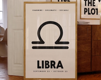 Wydruk zodiaku Waga, pobieranie cyfrowe, plakat astrologiczny ze znakiem zodiaku, prezenty dla znaku zodiaku Waga, horoskop ścienny, modna sztuka do druku