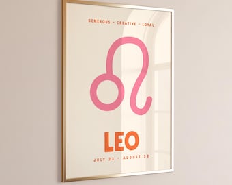 Leo Print, Digital Download, Zodiac Poster, Trendy Wall Art, Star Sign Print, Preppy Wall Decor, Pink and Orange, Printable Art