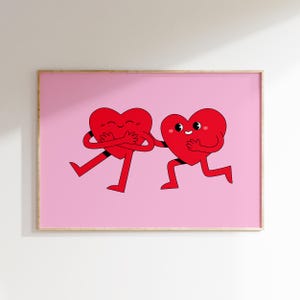 Cute Retro Hearts Print, Valentine&#39;s Day Poster, Digital Download, Love Poster, Preppy Aesthetic, Pink Wall Art, Romantic Wall Art, Pink Red