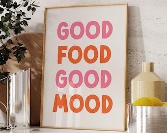 Good Food Good Mood print digitale download, retro wanddecoratie trendy muurkunst schattig esthetische keuken decor eten poster roze oranje afdrukbare