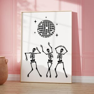 Dancing Skeletons Print, Halloween Wall Art, Digital Download, Trendy Wall Art, Disco Skeleton Poster, Funky Wall Decor, Disco Ball Print
